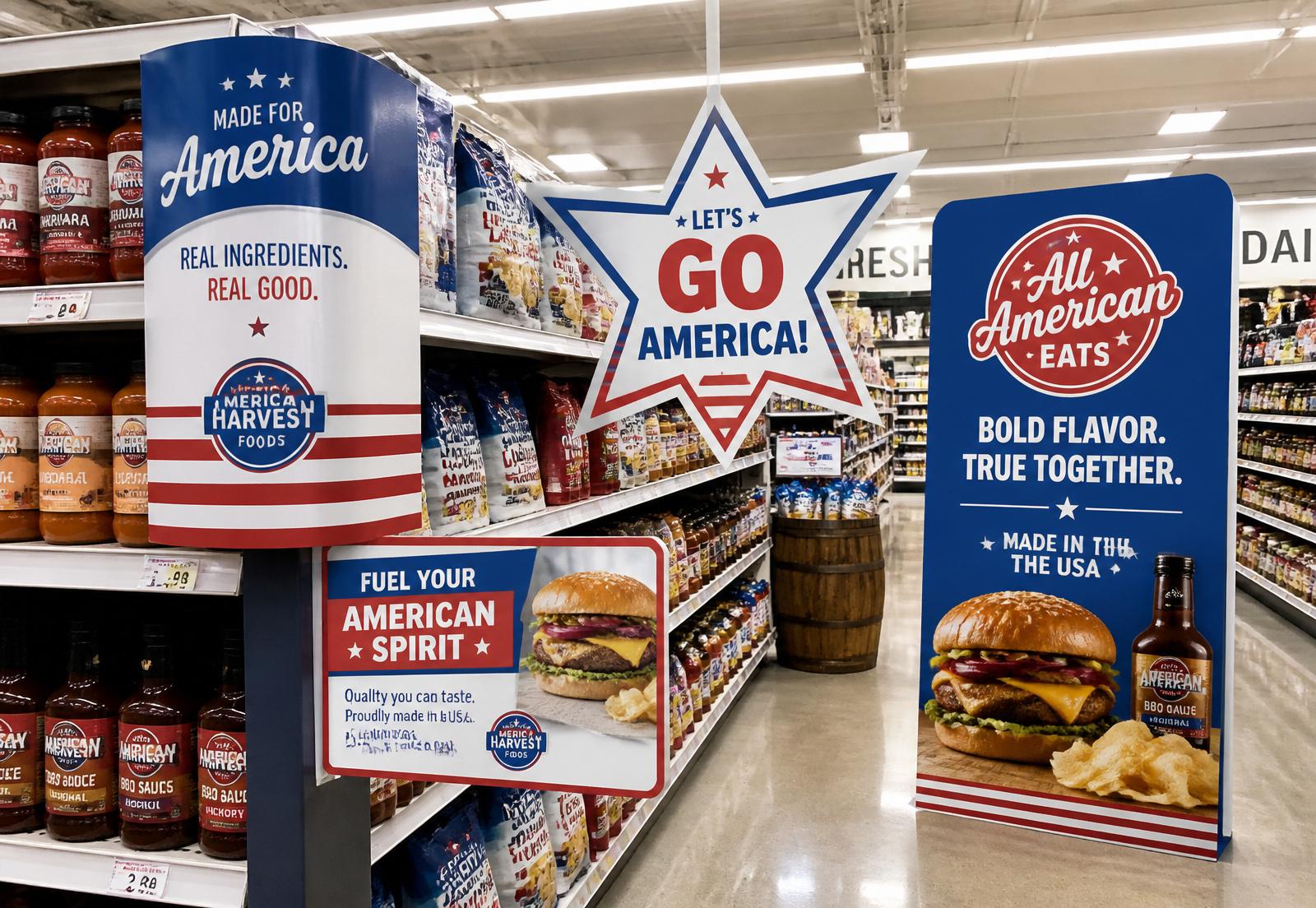 Coroplast retail signage in a grocery store — shelf talkers, floor standees, and aisle displays